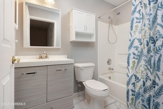 full bath with shower / bathtub combination with curtain, toilet, marble finish floor, and vanity