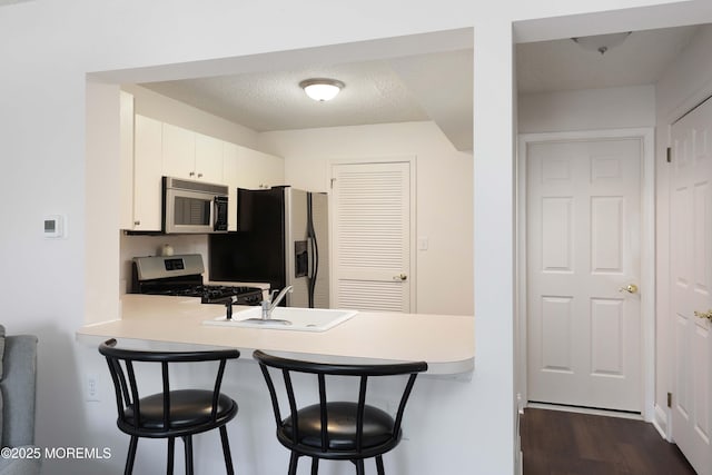 kitchen with light countertops, a kitchen breakfast bar, a peninsula, stainless steel appliances, and a sink