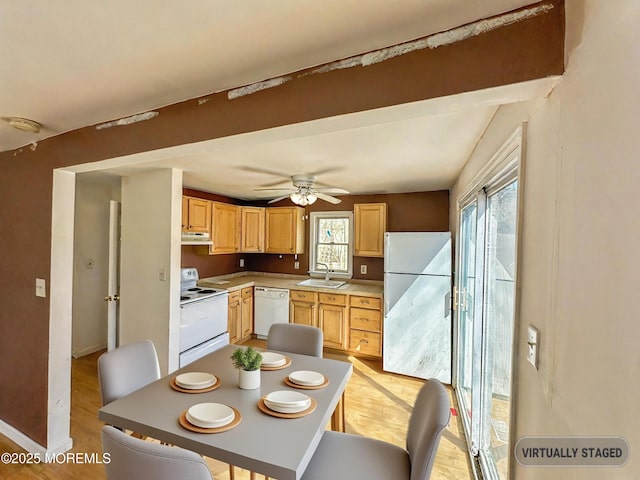 kitchen featuring under cabinet range hood, light countertops, light wood-style flooring, white appliances, and a sink