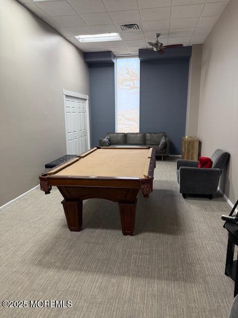 recreation room featuring visible vents, pool table, carpet flooring, a paneled ceiling, and baseboards