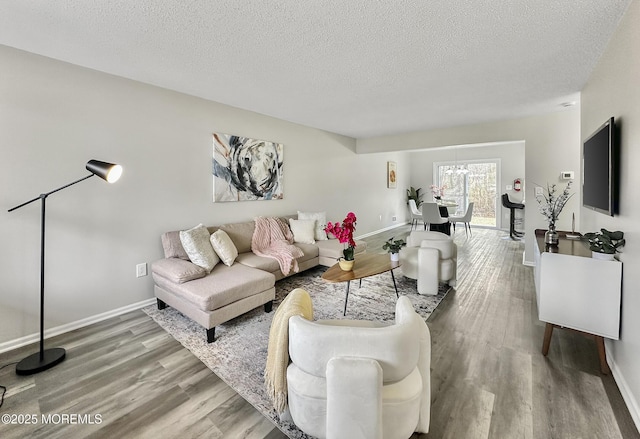 living area with wood finished floors and a textured ceiling