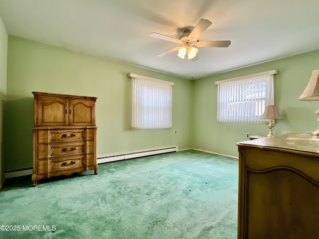 bedroom featuring a baseboard heating unit, carpet, a ceiling fan, and a baseboard radiator