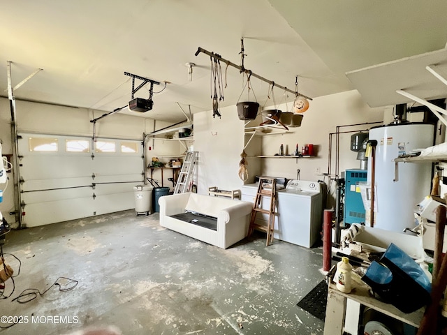 garage featuring water heater, independent washer and dryer, and a garage door opener