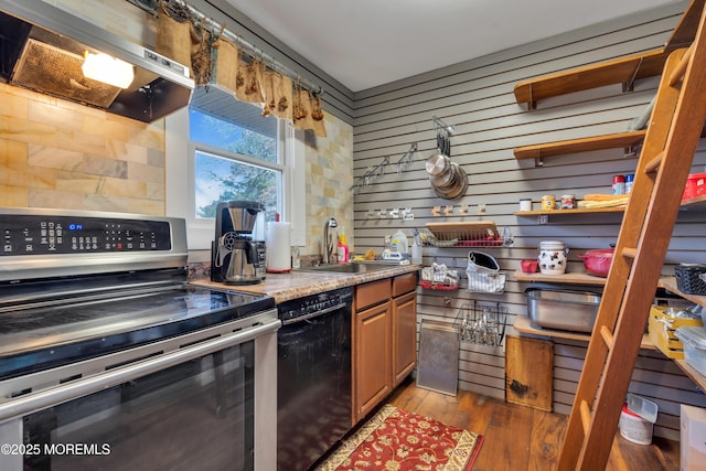 kitchen featuring under cabinet range hood, a sink, light wood finished floors, stainless steel electric range oven, and dishwasher