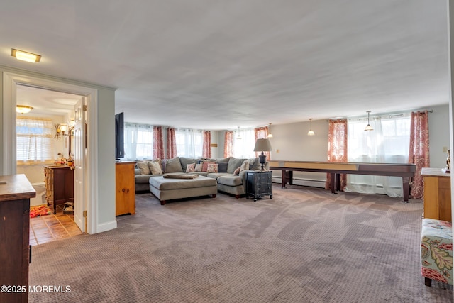 living room featuring a wealth of natural light, a baseboard heating unit, baseboards, and carpet floors