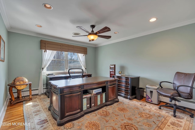 home office featuring light wood-style flooring, ornamental molding, a ceiling fan, recessed lighting, and baseboard heating