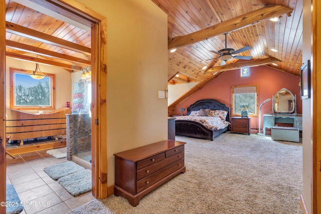 bedroom featuring tile patterned flooring, wooden ceiling, vaulted ceiling with beams, and carpet