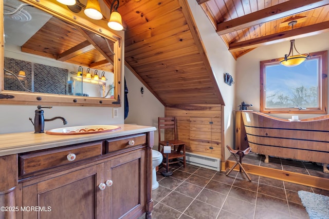 full bath featuring a baseboard heating unit, wood ceiling, toilet, and vanity