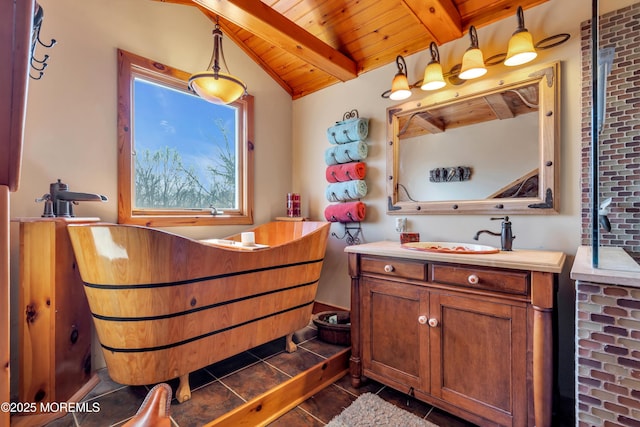 bathroom featuring vanity, wooden ceiling, vaulted ceiling with beams, and tile patterned flooring