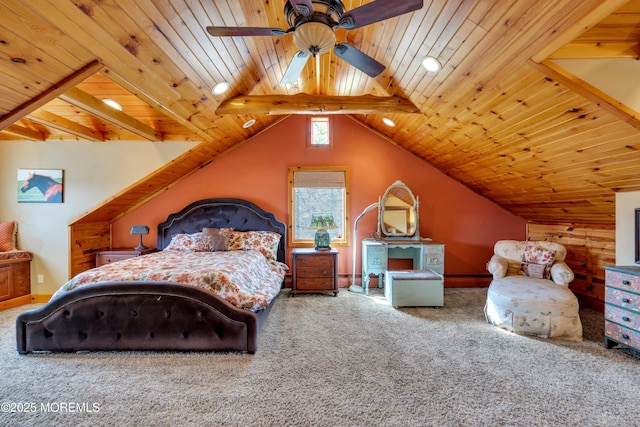 carpeted bedroom with wood ceiling and vaulted ceiling with beams