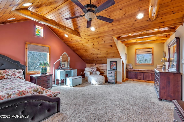 bedroom featuring vaulted ceiling with beams, wood ceiling, and carpet flooring