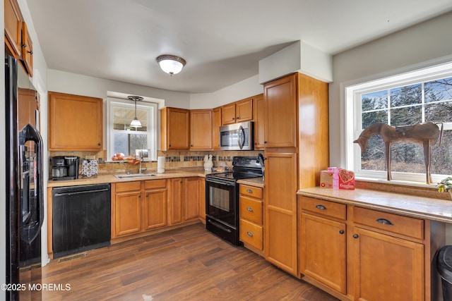 kitchen with a wealth of natural light, dark wood finished floors, black appliances, and a sink