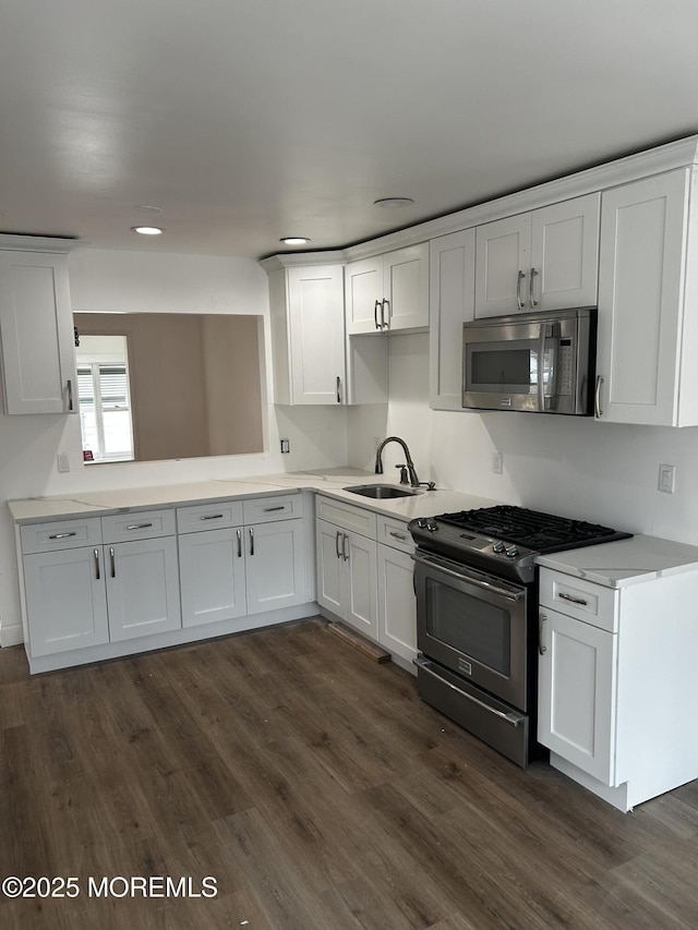 kitchen featuring a sink, stainless steel appliances, dark wood-style flooring, and light countertops