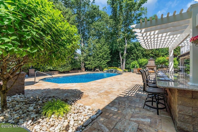 pool featuring a patio, a pergola, and outdoor dry bar