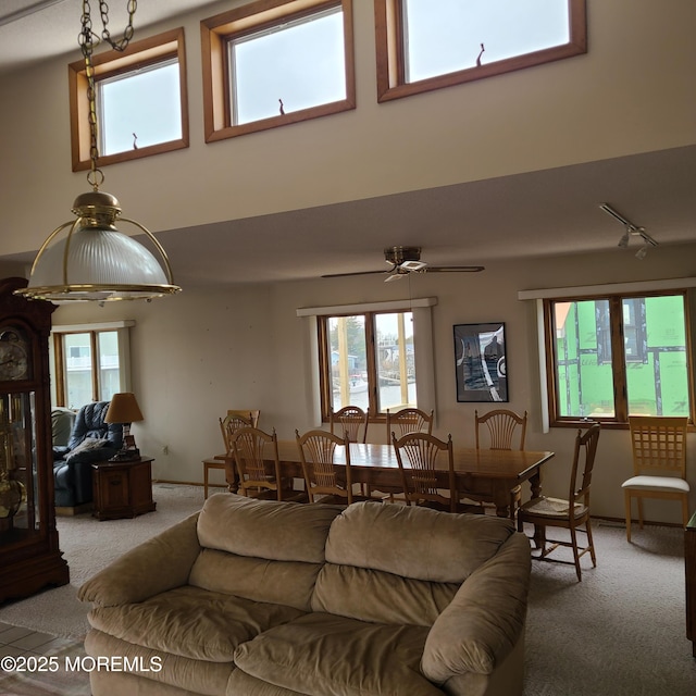 carpeted living area with a high ceiling and a ceiling fan