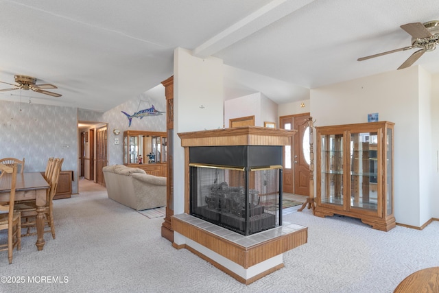 35 W Mohawk Dr, Little Egg Harbor, NJ 08087 - living area featuring ceiling fan, carpet floors, wallpapered walls, a multi sided fireplace, and baseboards