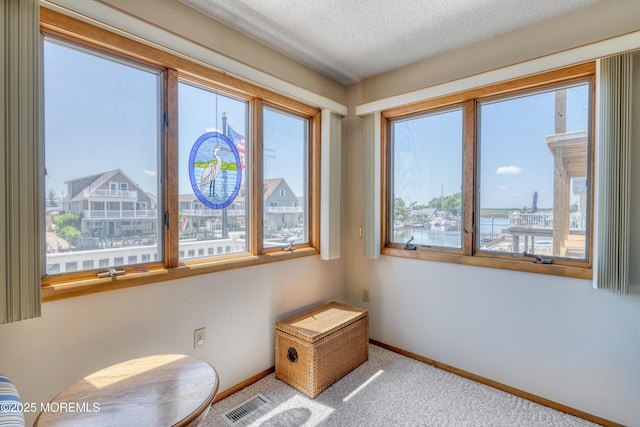 35 W Mohawk Dr, Little Egg Harbor, NJ 08087 - living area with healthy amount of natural light, baseboards, carpet flooring, and a textured ceiling
