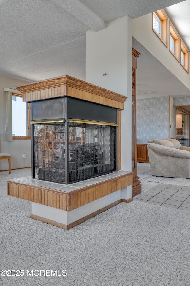 35 W Mohawk Dr, Little Egg Harbor, NJ 08087 - carpeted living room featuring a multi sided fireplace and baseboards