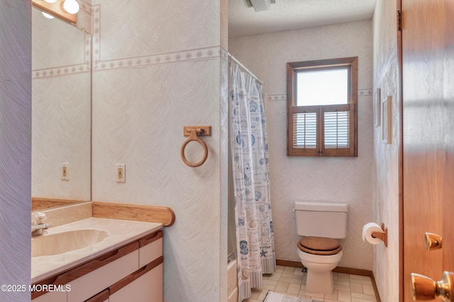 35 W Mohawk Dr, Little Egg Harbor, NJ 08087 - full bathroom with wallpapered walls, toilet, vanity, and shower / bath combo with shower curtain