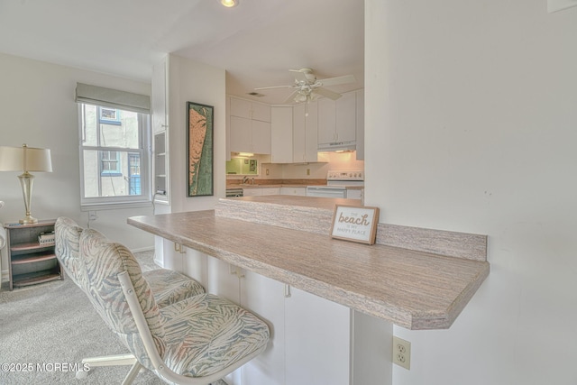 kitchen featuring a ceiling fan, electric stove, under cabinet range hood, a kitchen breakfast bar, and light countertops