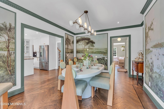 dining room with stairway, recessed lighting, and crown molding