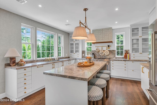 kitchen featuring a sink, dark wood finished floors, a center island, white cabinetry, and high end appliances