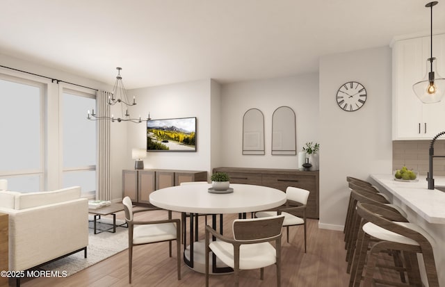 dining space featuring a notable chandelier, light wood-type flooring, and baseboards