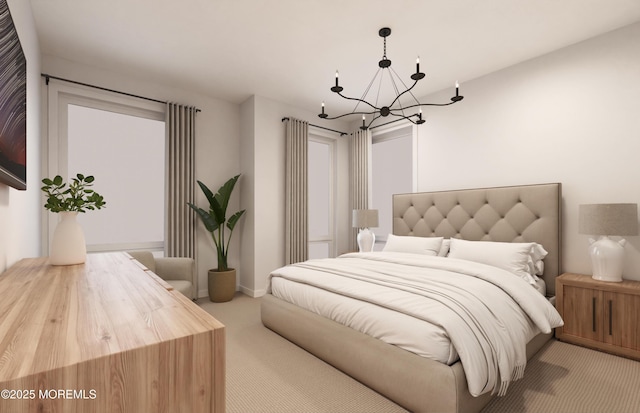 carpeted bedroom featuring a notable chandelier