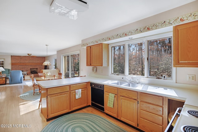 kitchen with dishwasher, light countertops, a peninsula, light wood-style floors, and a sink