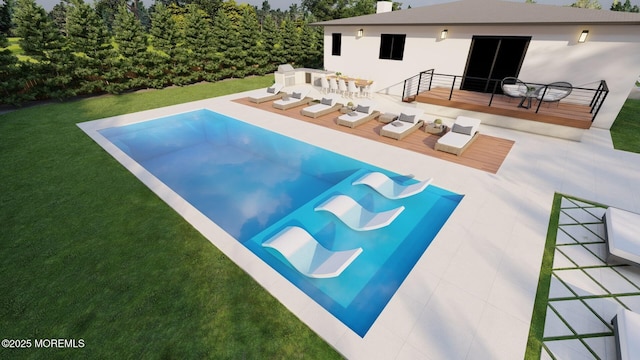 view of pool with outdoor lounge area, a lawn, and a wooden deck