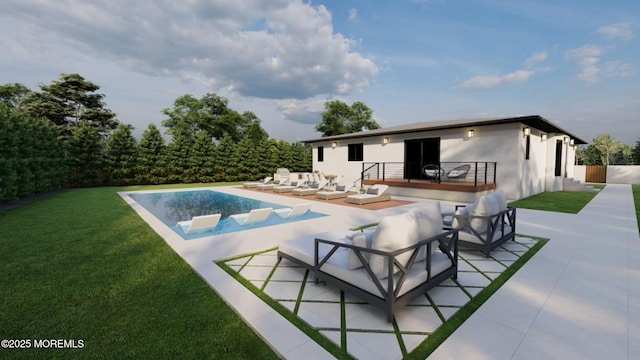 outdoor pool with a yard, an outdoor hangout area, a patio, and a deck