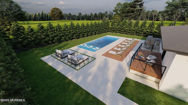 pool with a patio area and a yard