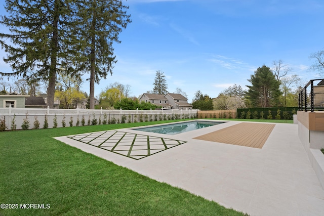 view of pool with a lawn, a fenced in pool, a patio, and a fenced backyard