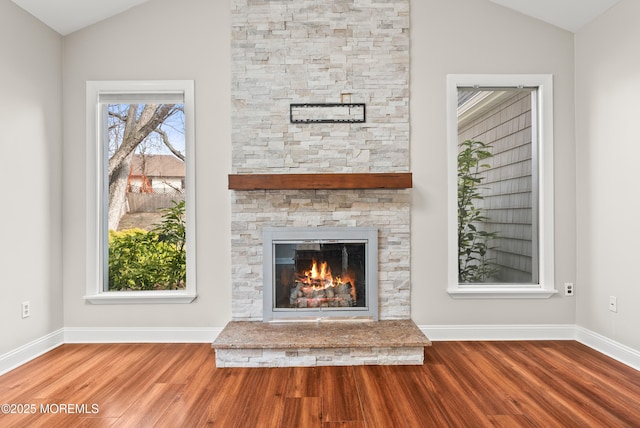 details featuring baseboards, wood finished floors, and a fireplace