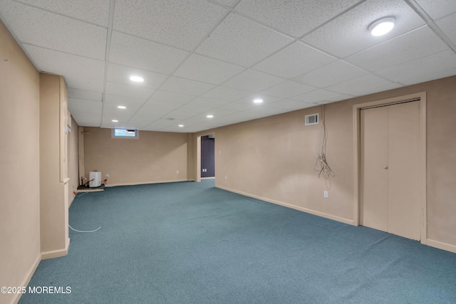 finished below grade area with recessed lighting, baseboards, and carpet floors