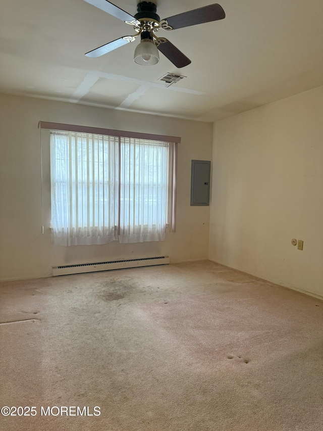 spare room featuring visible vents, electric panel, carpet flooring, a ceiling fan, and a baseboard radiator