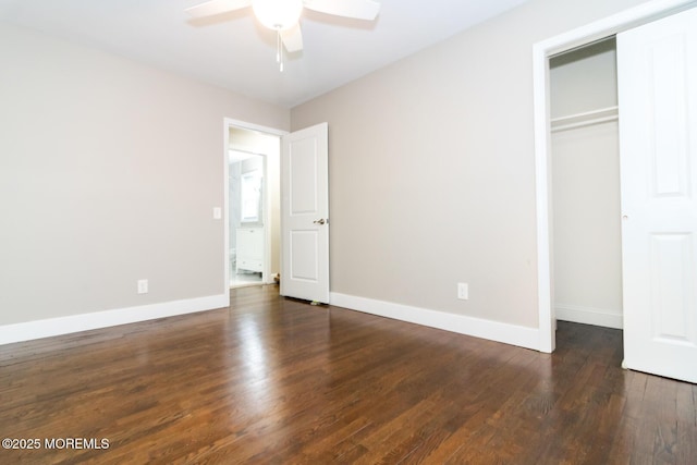 unfurnished bedroom featuring a closet, a ceiling fan, baseboards, and wood finished floors