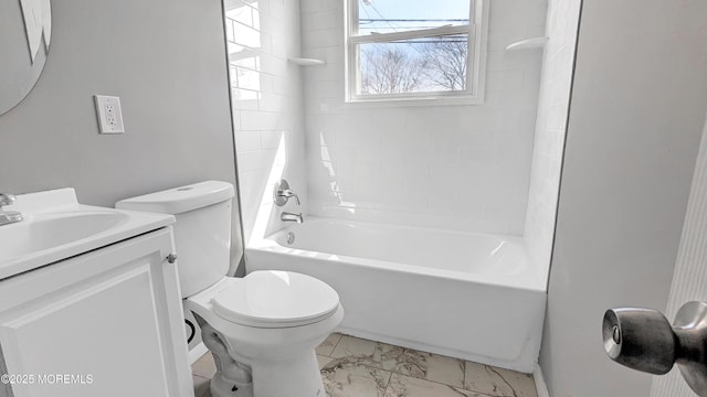 full bath with marble finish floor, toilet, vanity, and shower / bathing tub combination