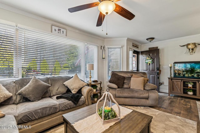 144 Brandywine Ct Unit 332, Brick, NJ 08724 - living room featuring crown molding, wood finished floors, and ceiling fan