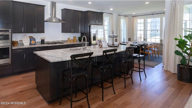 kitchen with a sink, wood finished floors, appliances with stainless steel finishes, and wall chimney exhaust hood