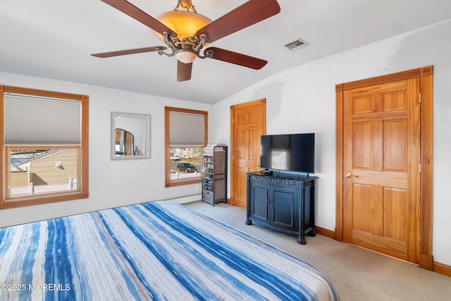 bedroom with visible vents, baseboards, lofted ceiling, ceiling fan, and light colored carpet