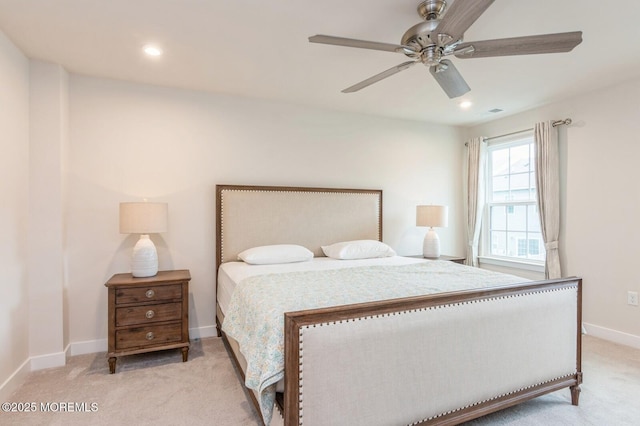 carpeted bedroom with recessed lighting, ceiling fan, and baseboards