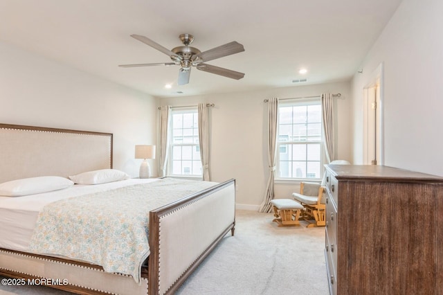 bedroom featuring visible vents, baseboards, light carpet, recessed lighting, and a ceiling fan