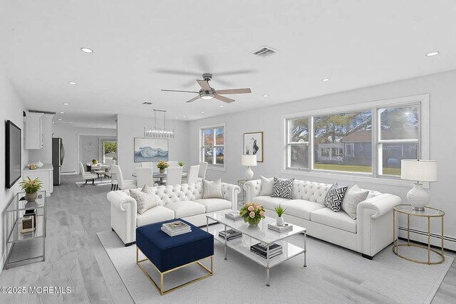 1 Redlands Ct, Toms River, NJ 08757 - living room with a ceiling fan, visible vents, light wood finished floors, a baseboard radiator, and recessed lighting