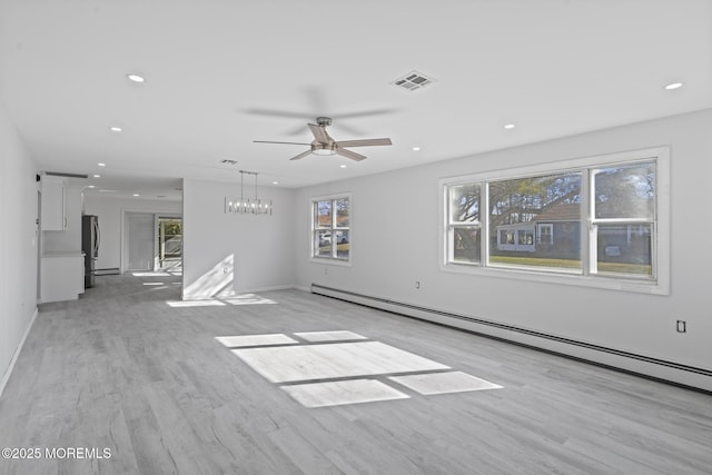 1 Redlands Ct, Toms River, NJ 08757 - unfurnished room featuring visible vents, light wood-style flooring, ceiling fan with notable chandelier, recessed lighting, and baseboard heating
