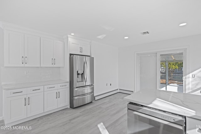 1 Redlands Ct, Toms River, NJ 08757 - kitchen featuring visible vents, backsplash, a baseboard heating unit, stainless steel appliances, and white cabinetry