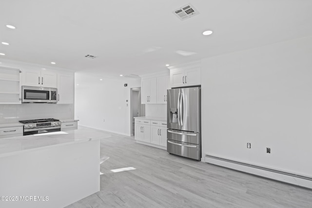 1 Redlands Ct, Toms River, NJ 08757 - kitchen with visible vents, backsplash, stainless steel appliances, white cabinetry, and a baseboard radiator