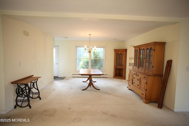 16 Ensor Pl, Island Heights, NJ 08732 - dining room featuring light colored carpet, a chandelier, baseboard heating, and baseboards