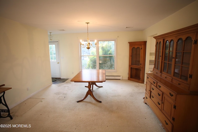 16 Ensor Pl, Island Heights, NJ 08732 - dining space featuring a chandelier, light carpet, a baseboard heating unit, and baseboards