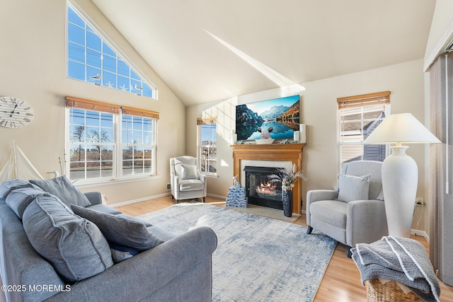 living area with a fireplace with flush hearth, plenty of natural light, and wood finished floors